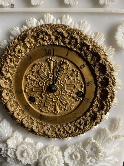 null Alabaster terminal clock carved with garlands of flowers in light relief, topped...