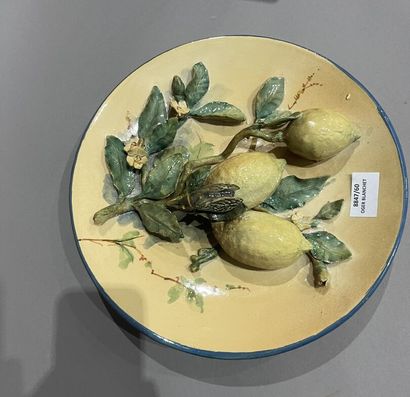 null Dish decorated with lemon branches in relief, in Varages earthenware. 
19th...