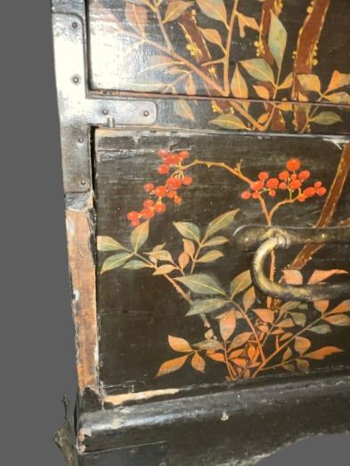 null Pair of wooden cabinets painted on marouflaged canvas with prunus decoration...