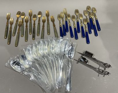 null Cutlery set comprising: 2 sets of twelve gilt metal dessert forks with colored...