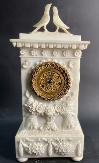null Alabaster terminal clock carved with garlands of flowers in light relief, topped...