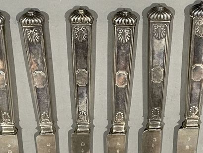 null Nine fruit knives, sheath handle with palmettes, silver blades.
Early 19th century.
Weight...