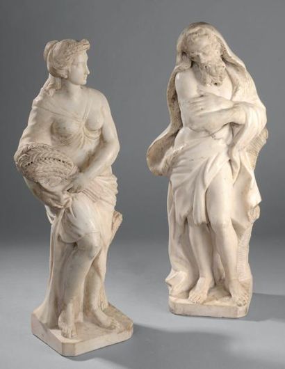 null Deux statues en marbre blanc sculpté, représentant l'Été figuré par une jeune...