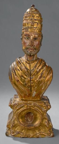 null Buste de Pape formant reliquaire en bois doré et polychrome signé «Joseph Gagnard...