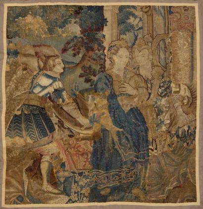 null Fragment de tapisserie Flamande Scène de cour constituée de trois personnages...