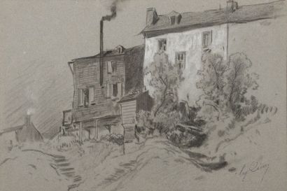 Eugène CICERY (1813-1890) Maisons Fusain et rehauts de craie sur papier gris signé...