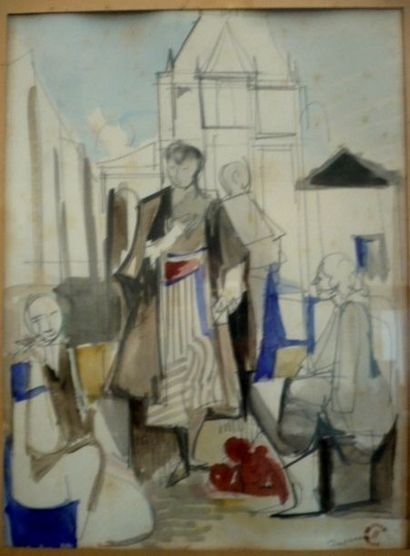 Jacques CESARIA DESPIERRE (1912-1995) Scène de marché devant l'église Crayon et aquarelle...