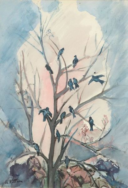 Éliane PETIT dite LA VILLÉON (1910-1969) Oiseaux branchés Aquarelle signée en bas...