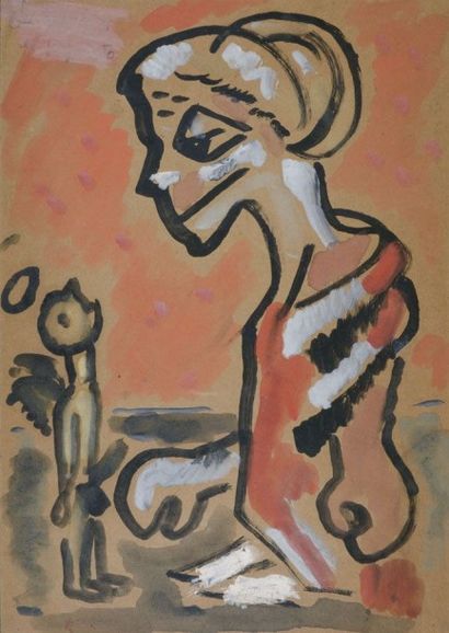 Joan PONC (1927-1984) Deux figures Aquarelle gouachée, trace d'écriture en haut à...