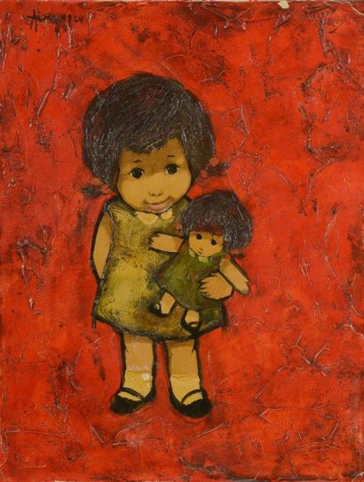 AÏZPIRI (né en 1919) Jeune fille et sa poupée Huile sur toile signée en haut à gauche...