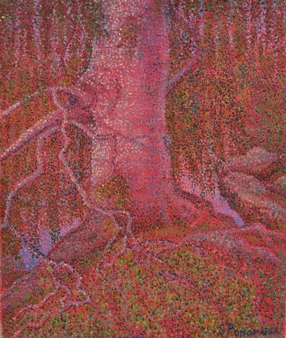 Serge PONOMAREW (1911-1984) L'arbre rouge Huile sur toile signée en bas à droite...