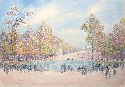 Fernand TRUFFAU (1866-1955) Aux Tuileries Aquarelle signée en bas à gauche, située...