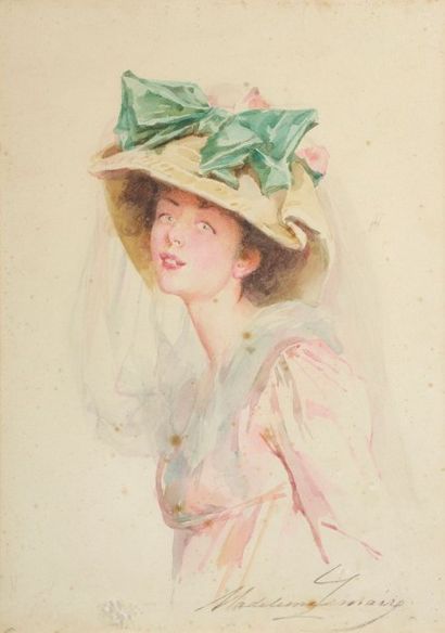 Madeleine LEMAIRE (1845-1928) Élégante au chapeau Aquarelle sur papier, signée en...