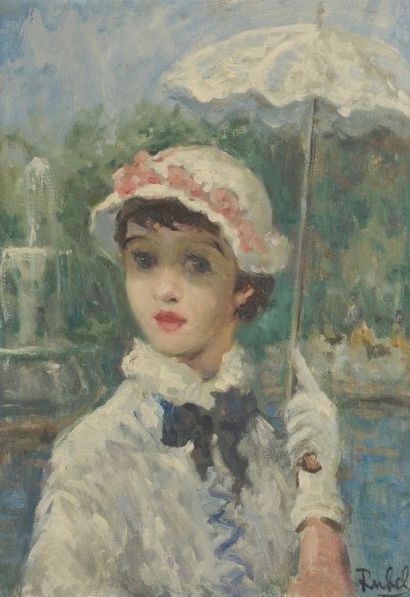 Jean-Aristide RUBEL (1884-1959) Élégante à l'ombrelle Huile sur toile signée en bas...