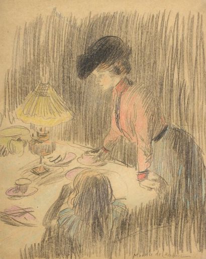 Maurice de LAMBERT (né en 1873) Repas du soir Fusain et crayon de couleurs sur papier,...