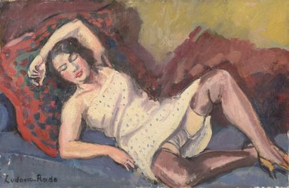 Ludovic RODO-PISSARRO (1878-1952) Jeune femme sur le divan bleu Huile sur toile signée...
