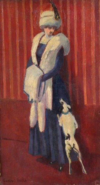 Ludovic RODO-PISSARRO (1878-1952) Femme au manchon et au petit chien Huile sur toile...