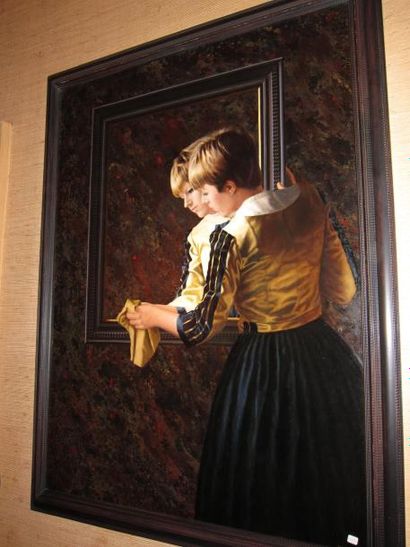 Ecole contemporaine figurative Jeune femme essuyant un miroir Huile sur toile signée...