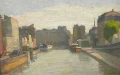 Octave LINET (1870-1962) Le canal Saint Martin. Huile sur panneau signée en bas à...
