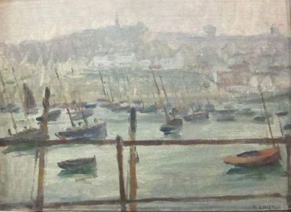 Octave LINET (1870-1962) Le port. Huile sur toile marouflée sur panneau signée en...