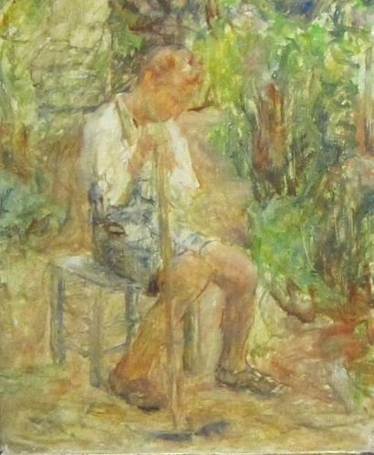 Joseph Lamberton. (1867-1943) Garçon assis. Huile sur panneau