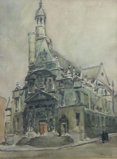 Ecole de la fin du XIXe - début du XXe siècle Saint Etienne du Mont Aquarelle signée...
