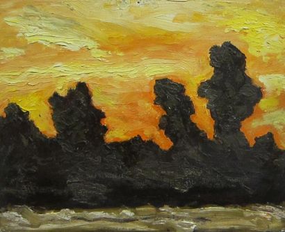 Tsingo Paysage au crépuscule. Huile sur carton signée au dos