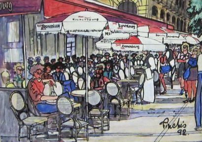 Martin Pinchis (1907) Le manège La terrasse de café Deux huiles sur toile signées...