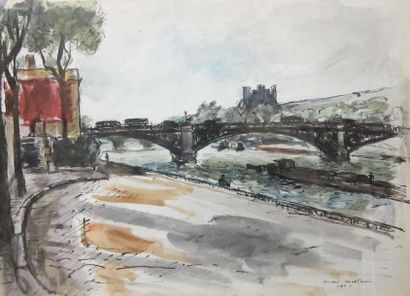André Malterre Pont à Paris. Plume et aquarelle. Signé et daté en bas à droite