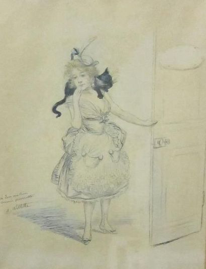 Adolphe Willette (1857- 1926) Portrait de Pierrette. Plume et aquarelle. Signé et...