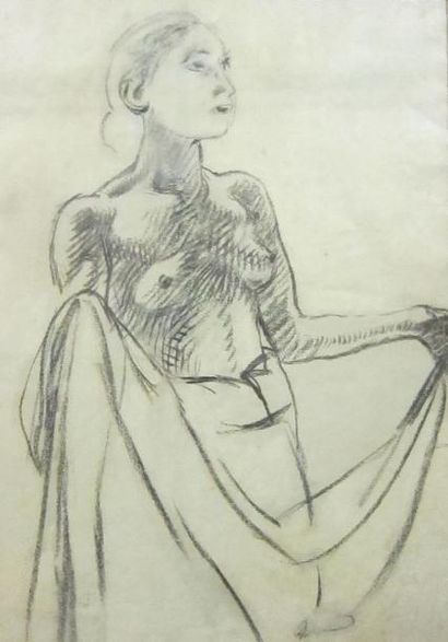 Albert BESNARD (1849-1934) Jeune femme le buste dénudé. Fusain sur papier signé en...
