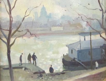 Henri VINCENOT (1912-1985) Les quais de Seine à Paris. Huile sur panneau signé en...