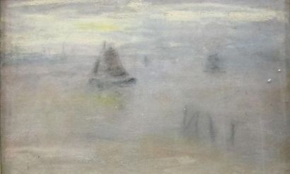 Ecole française impressionniste Bateau dans la brume. Pastel sur papier non sign...