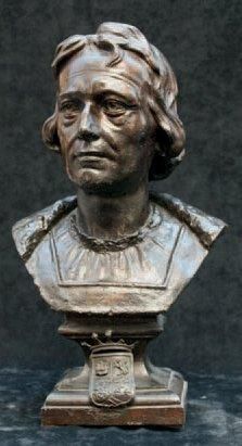 null Portrait de Christophe Colomb avec armoiries couronnées Bronze à patine brune,...