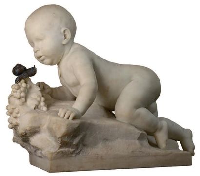 Henri LEVASSEUR (1853-1934) Bébé à quatre pattes observant un escargot Groupe en...