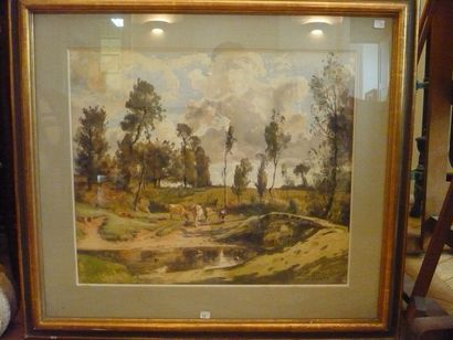 Edouard VITTON Vache et pâtre.Aquarelle sur papier, signée en bas à droite.1921.