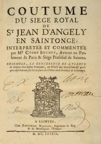 BECHET, Cosmes Coutume du siège Royal de St. Jean d'Angély en Saintonge, interprétée...