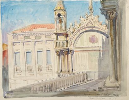 Alexis MOSSA (1844-1926) Venise, terrasse Saint Marc Aquarelle sur papier, cachet...