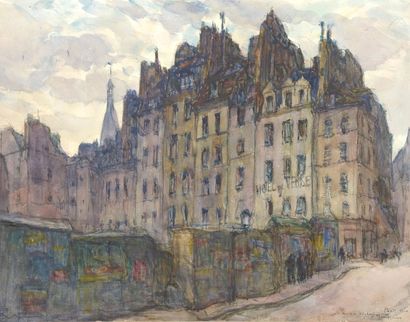 Fernand TRUFFAUT (1866-1955) Rue de la Bûcherie à Paris Fusain et aquarelle sur papier,...