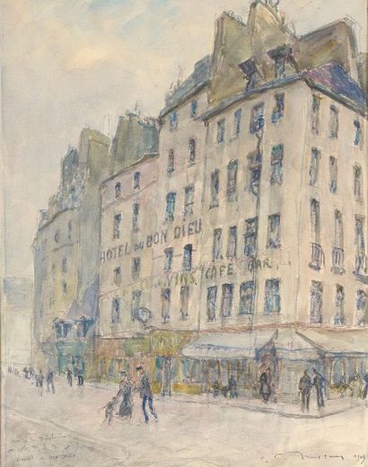 Fernand TRUFFAUT (1866-1955) L'hôtel du bon Dieu, rue de la Bûcherie, au coin de...