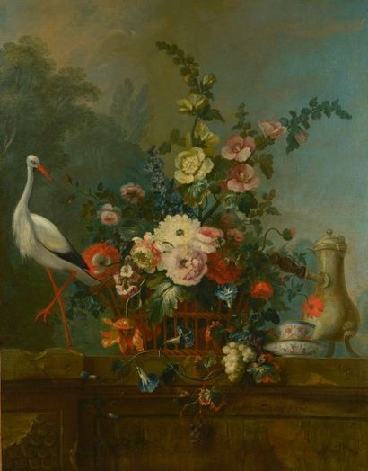 Jean-Marc LADEY (c. 1710-1749) Nature morte de fleurs, et une cigogne Huile sur toile,...
