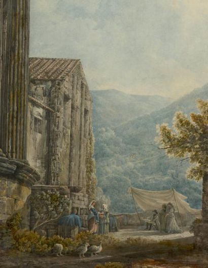 Abraham-Louis-Rodolphe DUCROS (1748-1810) Vue du temple de la Sibylle à Tivoli Plume,...