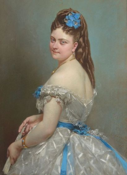 École Française du XIXe siècle Jeune femme de trois quart en robe décolletée blanche...