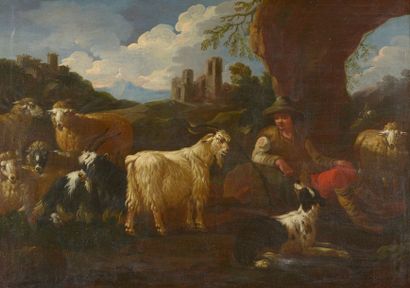 Attribué à Jacob ROOS (1682-vers 1732) Berger et son troupeau Huile sur toile, rentoilée....