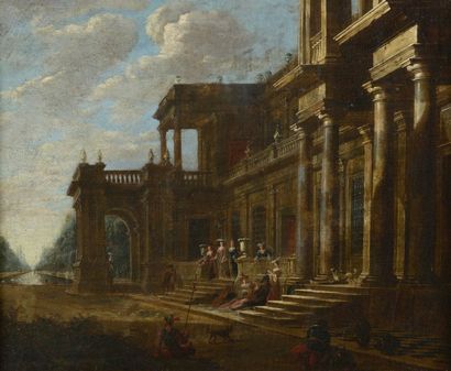 Attribué à Jacob-Ferdinand SAEYS (1658-1725/26) Vue d'un palais animé de personnages...