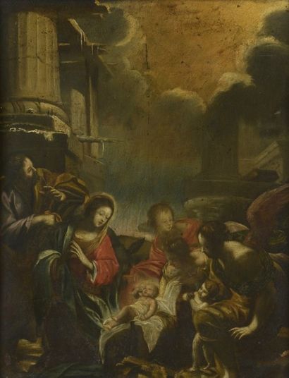 École Française du XVIIe siècle La Nativité, d'après Simon Vouet Huile sur cuivre....