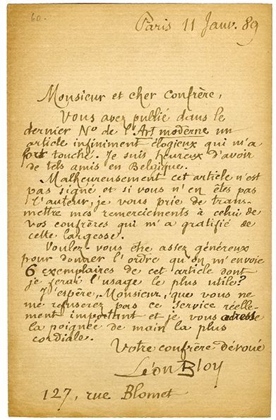 BLOY Léon [Périgueux, 1846 - Bourg-la-Reine, 1917] Écrivain français Lettre autographe...