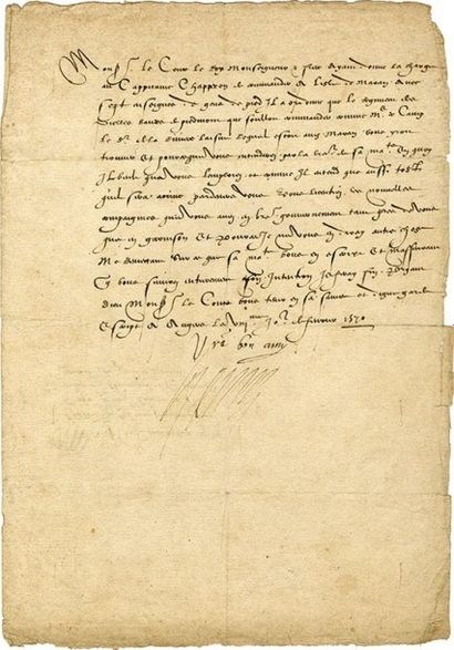 HENRI III [Fontainebleau, 1551 - Saint-Cloud, 1589] Roi de France Lettre signée....