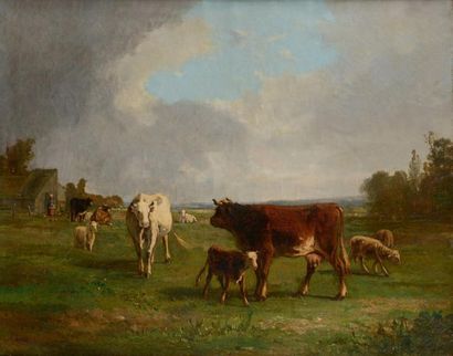 André CORTES (1866 - ?) Pâturage animé de vaches et moutons Huile sur toile signée...