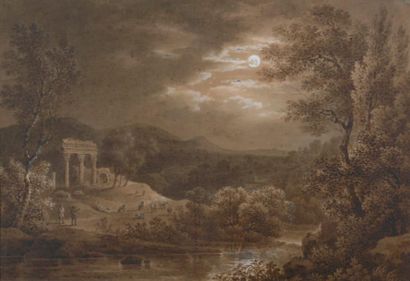 Benedikt PIRINGET (1780-1826) Berger dans un paysage nocturne Lavis d'encre et rehauts...